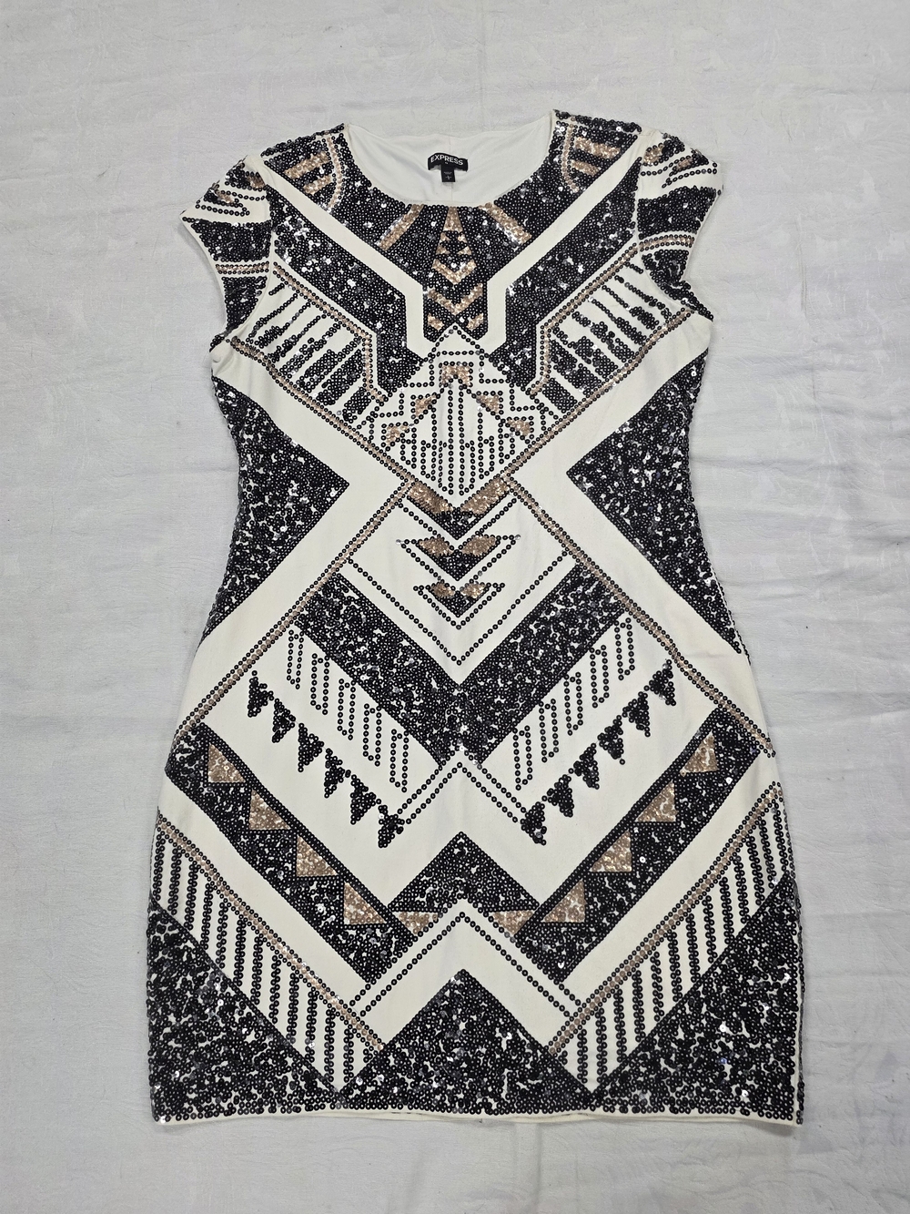 Express Black & Gold Geometric Sequin Cap Sleeve Dress - Size L